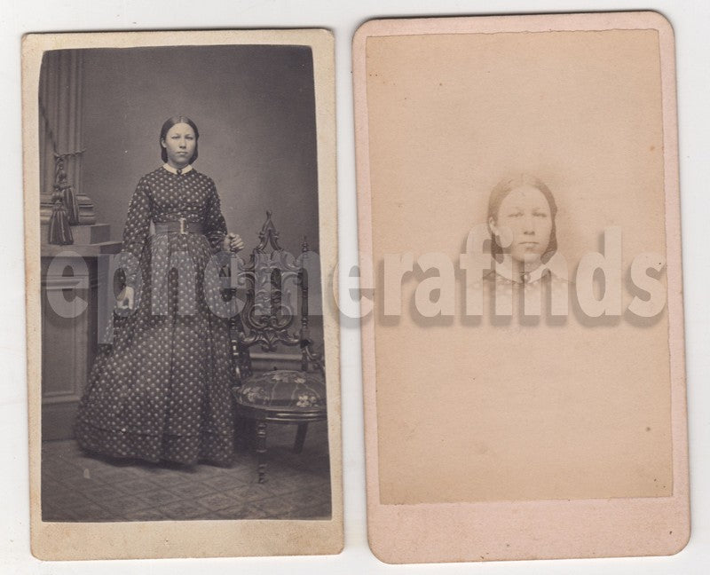 Lovely Strong Woman in Dress 2 Antique CDV Photos 2 Cent Bank Check Stamp