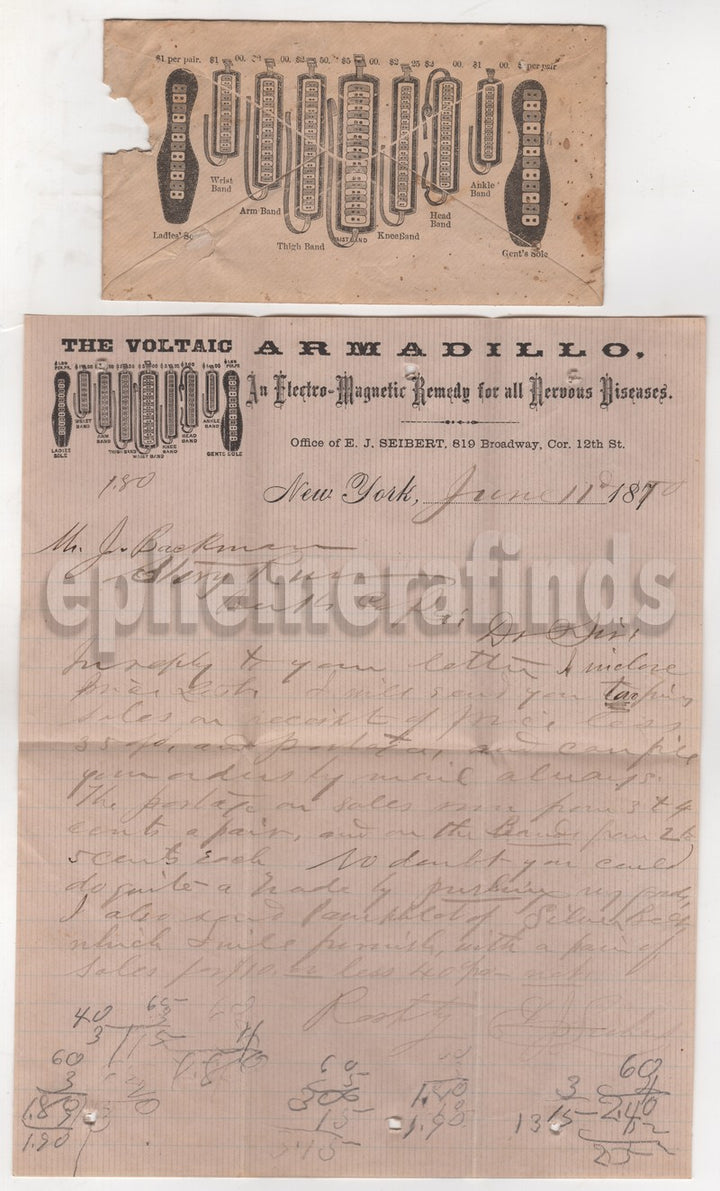 Voltaic Armadillo Electromagnetic Quack Medicine Antique Advertising Letter 1880