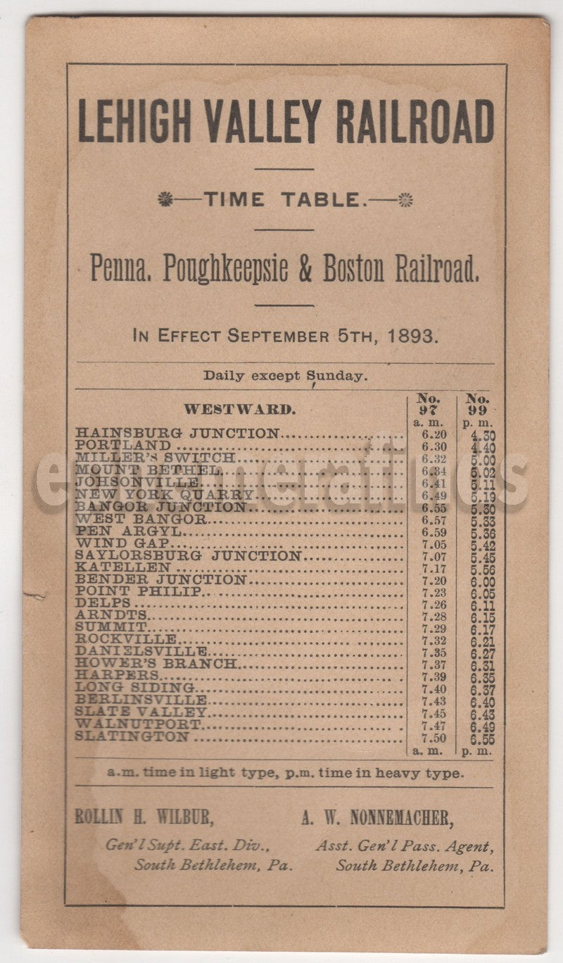 Lehigh Valley Railroad Pennsylvania Trains Antique Schedule Time Table 1893