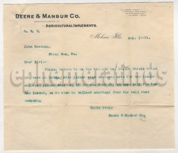 John Deere Mansur Illinois Farm Equipment Antique Graphic Advertising Letter 1893