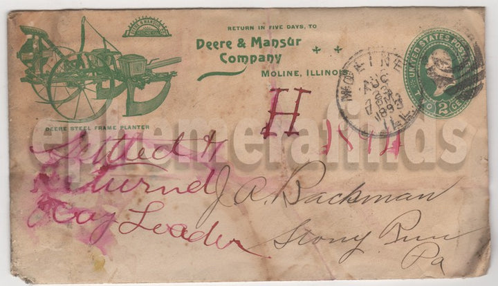 John Deere Mansur Illinois Farm Equipment Antique Graphic Advertising Letter 1893