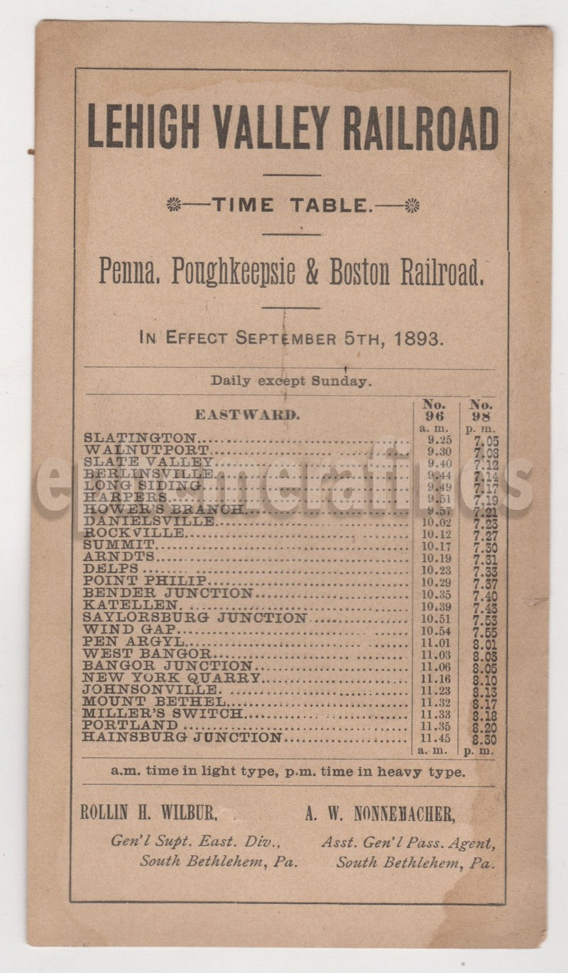 Lehigh Valley Railroad Pennsylvania Trains Antique Schedule Time Table 1893