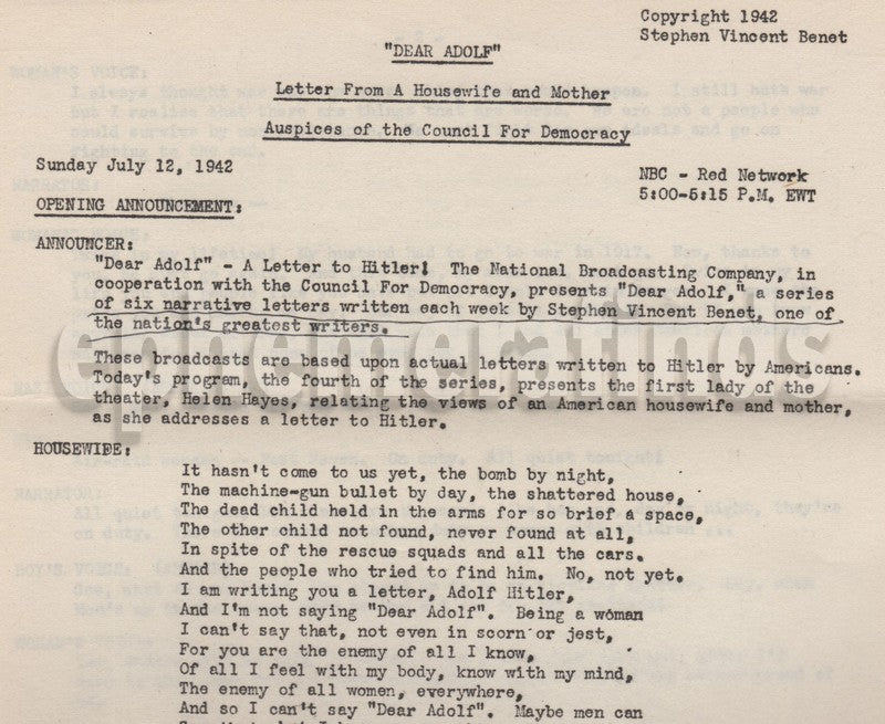 Stephen Vincent Benet Poet Original Dear Adolf NBC Radio Script 1942
