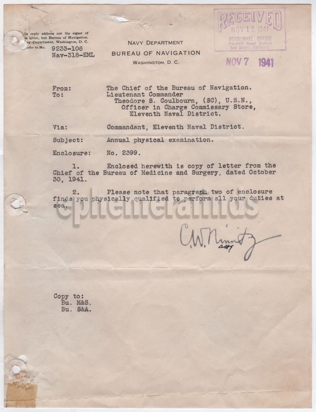 Admiral Chester Nimitz Stamp Signed WWII Navy Department Medical Letter 1941