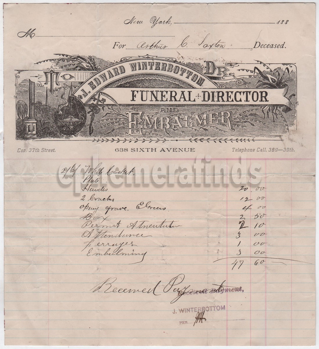 J.E. Winterbottom Funeral Embalmer Antique Advertising Letterhead Receipt 1880s