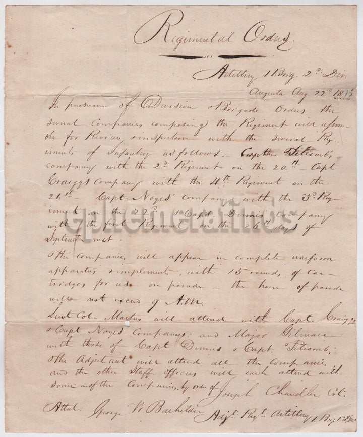 Georgia Militia Artillery Regiment Antique Parade Orders Military Letter 1815