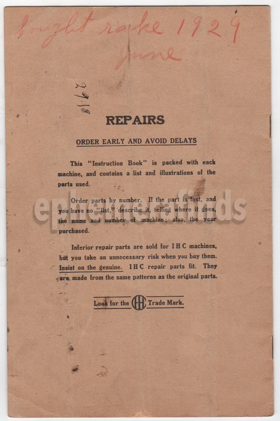 McCormick Deering International Harvester Hay Rakes Antique Instruction Book