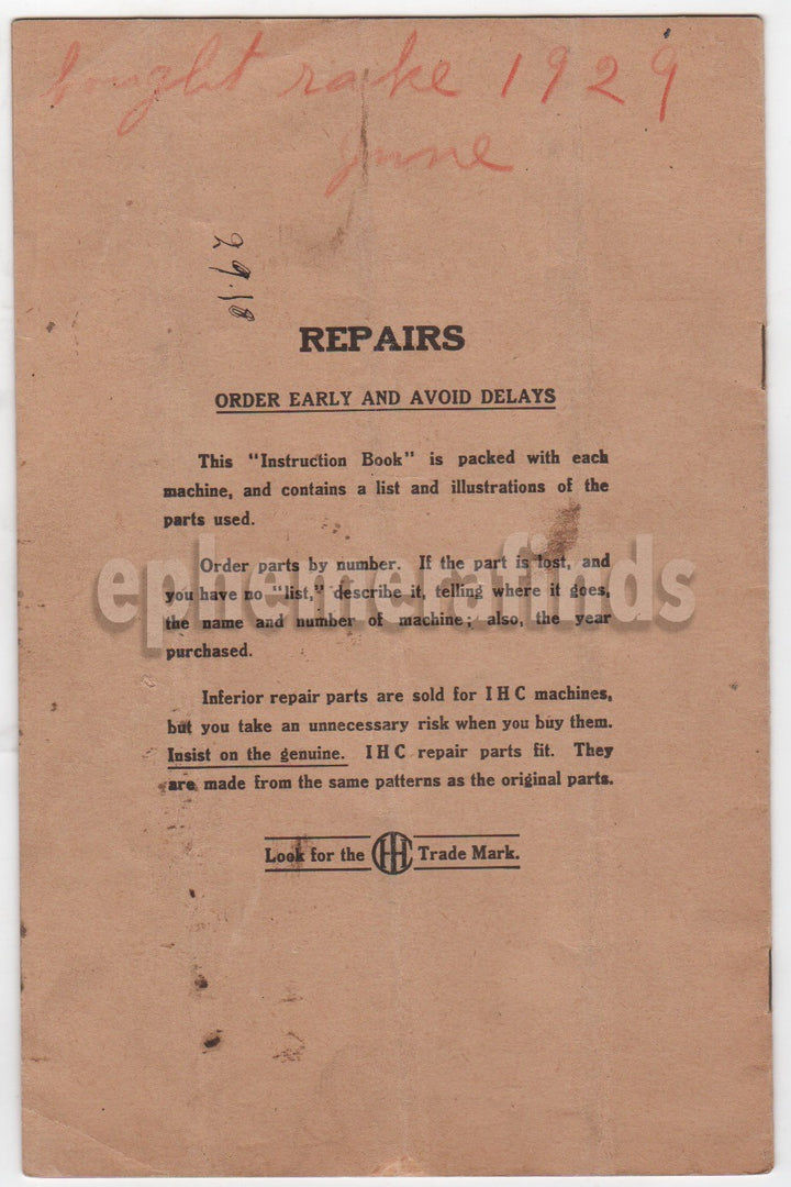 McCormick Deering International Harvester Hay Rakes Antique Instruction Book