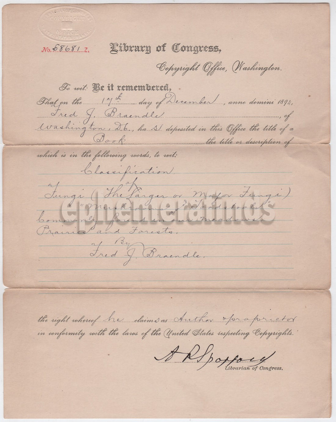 Ainsworth Spofford US Congress Librarian Antique Autograph Signed Document 1894