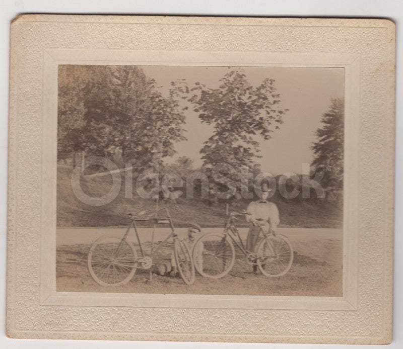 Husband and Wife Bicycling Trip Cute ID'd Antique Outdoor Photo on Board