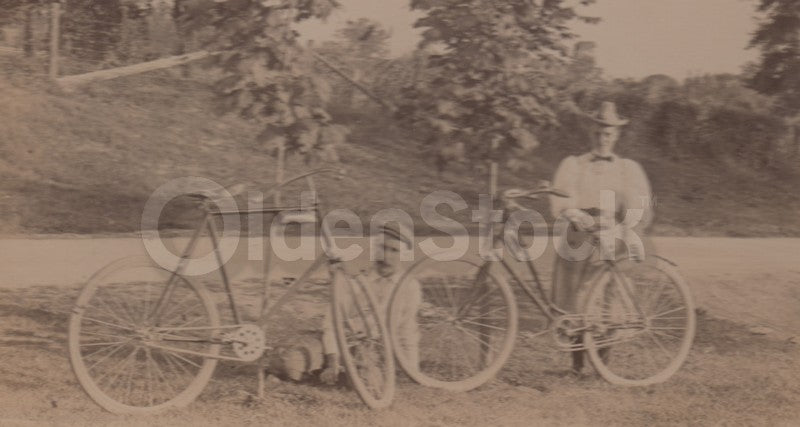 Husband and Wife Bicycling Trip Cute ID'd Antique Outdoor Photo on Board