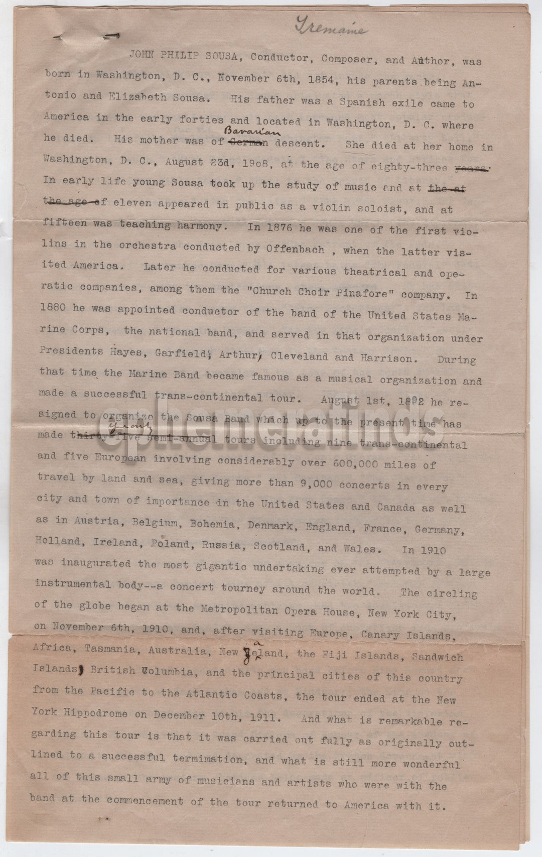 Charles Milton Tremaine Musicologist Original John Philip Sousa Manuscript
