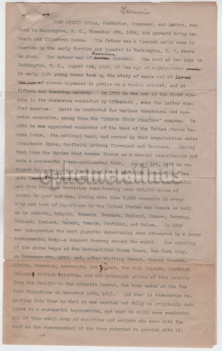 Charles Milton Tremaine Musicologist Original John Philip Sousa Manuscript