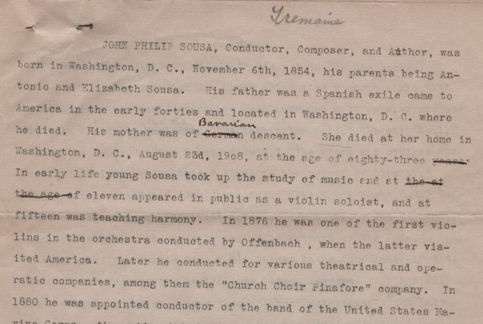 Charles Milton Tremaine Musicologist Original John Philip Sousa Manuscript