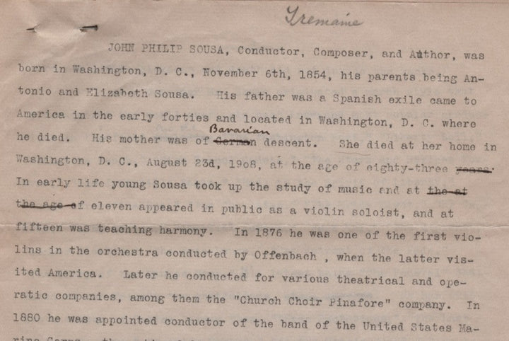 Charles Milton Tremaine Musicologist Original John Philip Sousa Manuscript