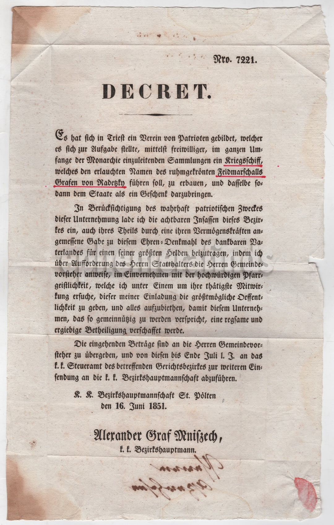 Joseph Radetzky von Radetz German Decret Political Broadside Poster 1851