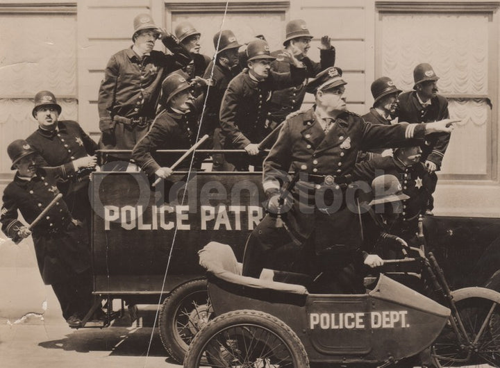 Silent Movie Police Comedy Antique Photo Motorcycle Sidecar and Wagon Full