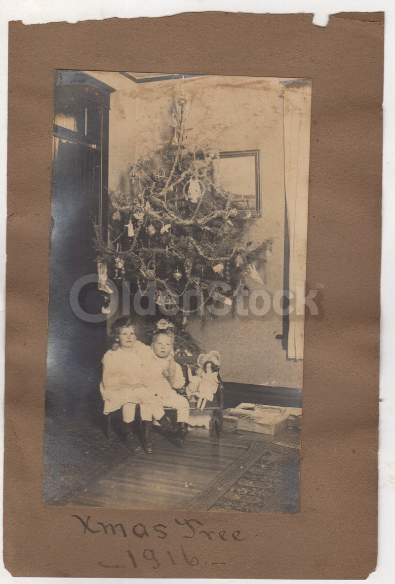 Christmas 1916 Brother Sister Toys and Tree Antique Snapshot Photo