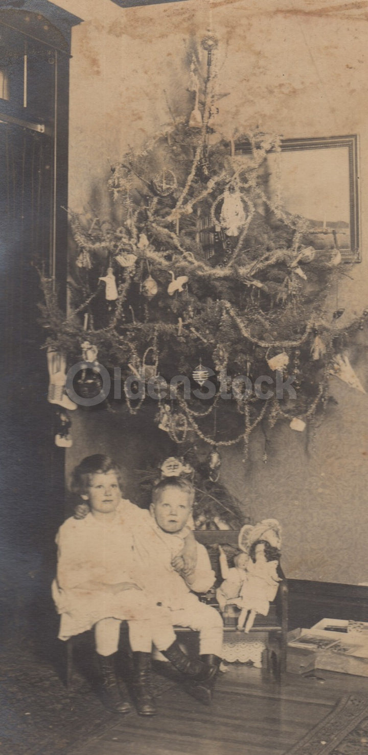 Christmas 1916 Brother Sister Toys and Tree Antique Snapshot Photo