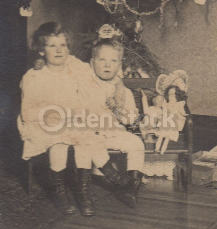 Christmas 1916 Brother Sister Toys and Tree Antique Snapshot Photo