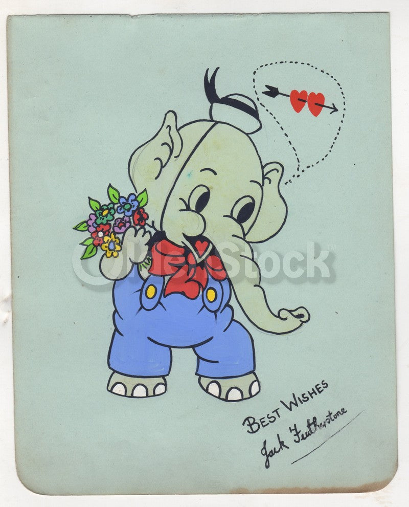 Dumbo Elephant Valentine Greeting Original Vintage Watercolor Painting, Signed