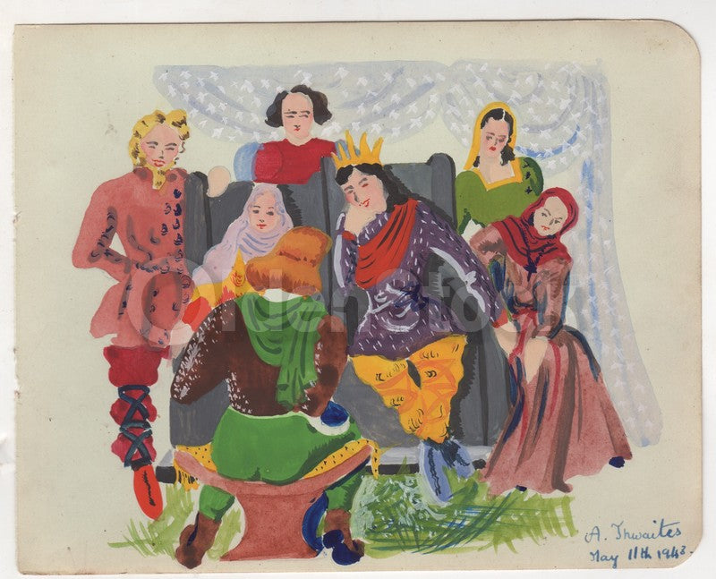 King's Court Fairy Tale Scene Original Antique Watercolor Illustration, Signed