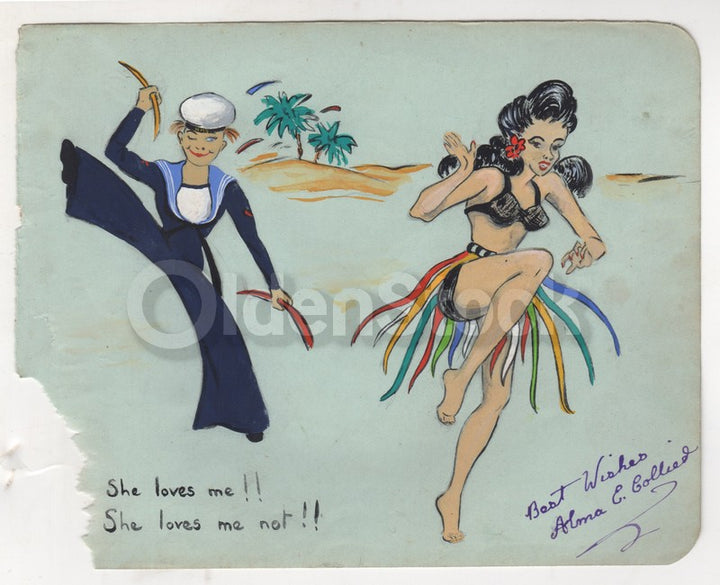 WWII Homefront Sailor Boy Island Girl Humor Original Watercolor Painting, Signed