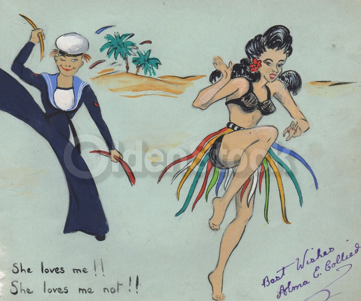 WWII Homefront Sailor Boy Island Girl Humor Original Watercolor Painting, Signed