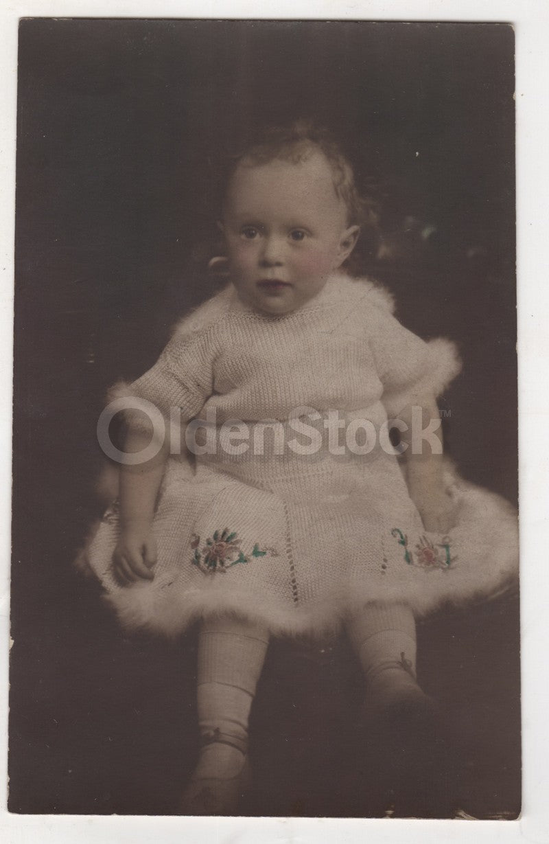 Cute Baby in Crochet Flower Applique Dress Antique Photo by Goddard, Patricroft