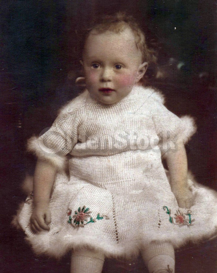 Cute Baby in Crochet Flower Applique Dress Antique Photo by Goddard, Patricroft
