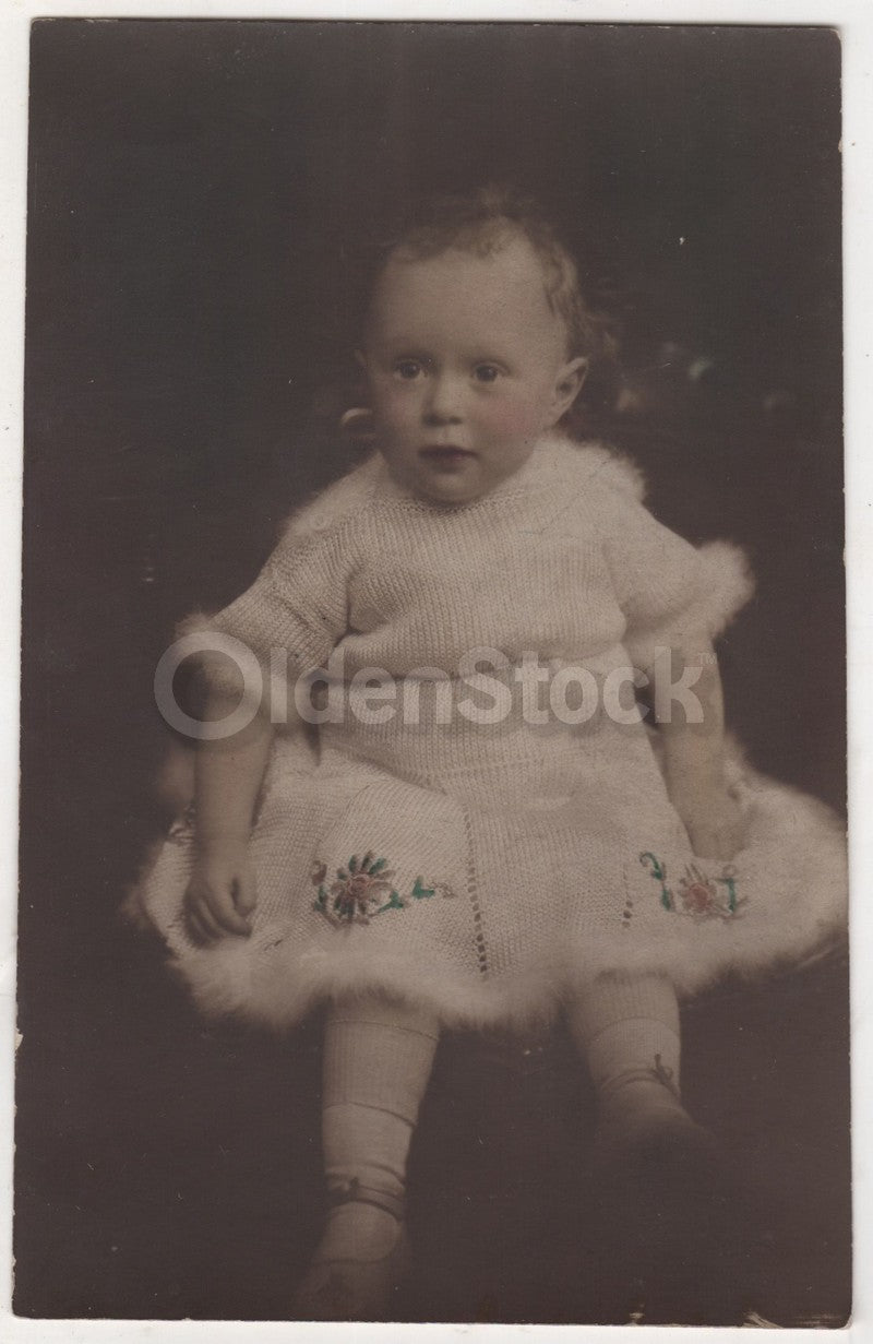 Cute Baby in Crochet Flower Applique Dress Antique Photo by Goddard, Patricroft
