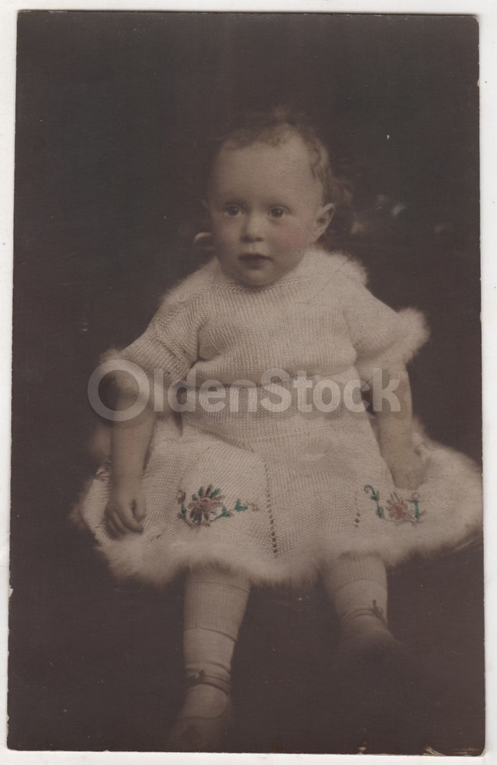 Cute Baby in Crochet Flower Applique Dress Antique Photo by Goddard, Patricroft