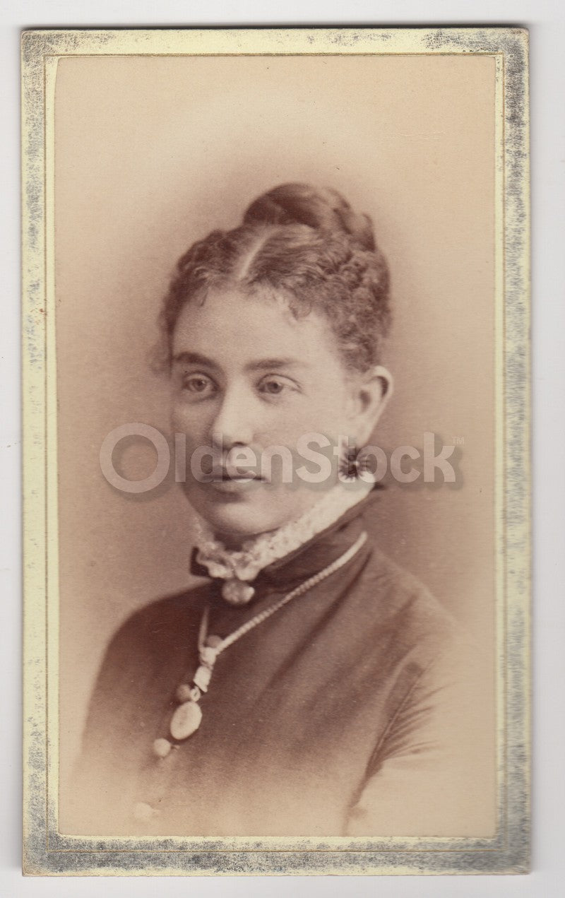 Woman with Gold Necklace Spike Earrings Detroit Antique CDV Photo