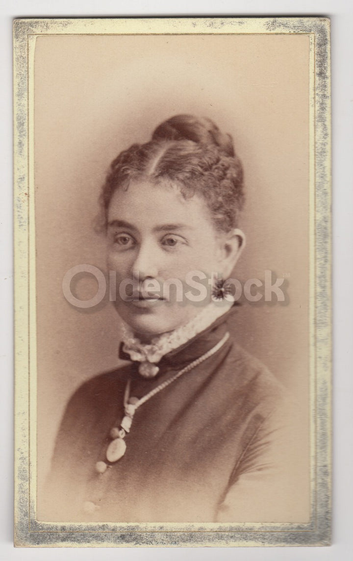 Woman with Gold Necklace Spike Earrings Detroit Antique CDV Photo
