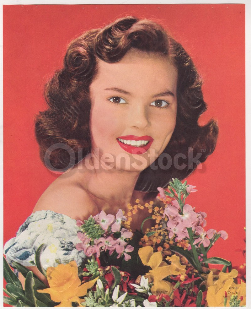 Shirley Temple Actress Headshot in Red with Flowers Vintage Lithograph Print