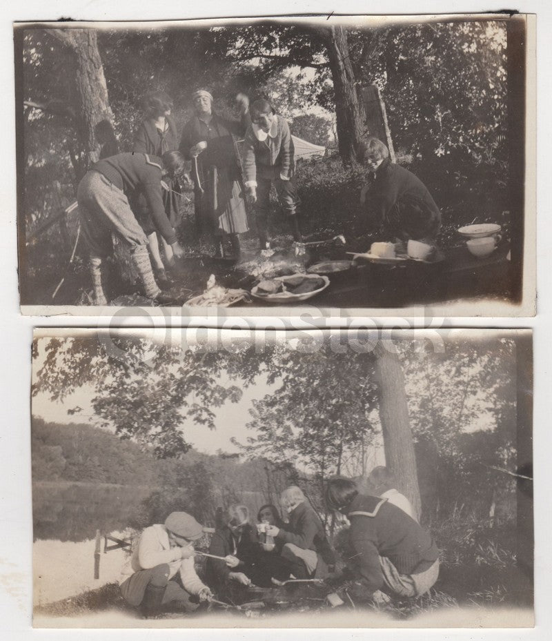 Teen Kids Camping Fire Cookout Fun Antique 1920s Snapshot Photos