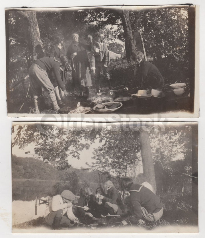 Teen Kids Camping Fire Cookout Fun Antique 1920s Snapshot Photos