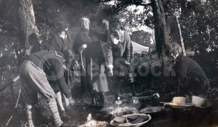 Teen Kids Camping Fire Cookout Fun Antique 1920s Snapshot Photos