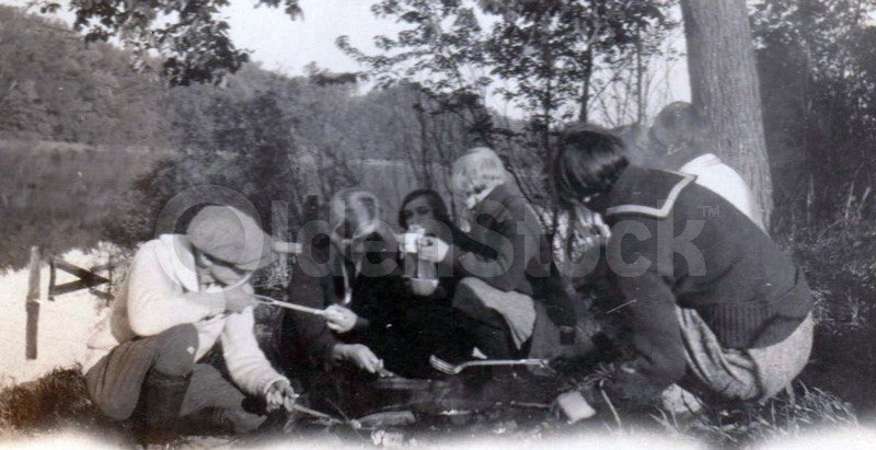 Teen Kids Camping Fire Cookout Fun Antique 1920s Snapshot Photos
