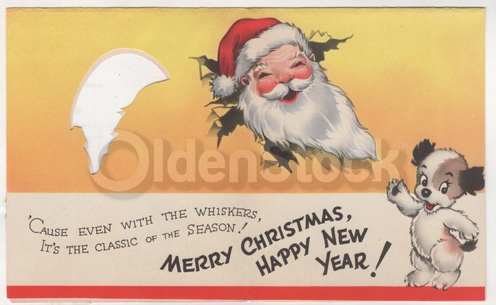 Cute Puppy Dog and Santa Claus Beard Vintage Christmas Greeting Card