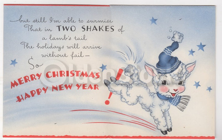 Two Shakes of the Lambs Tail Cute Vintage Christmas Greeting Card