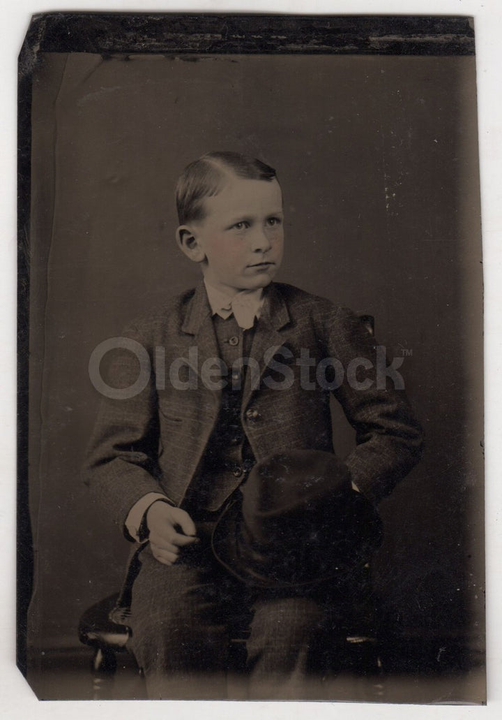 Distinguished Young Boy in Suit and Hat Crisp Antique Tintype Photo