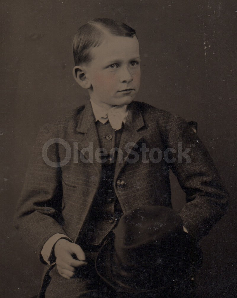 Distinguished Young Boy in Suit and Hat Crisp Antique Tintype Photo