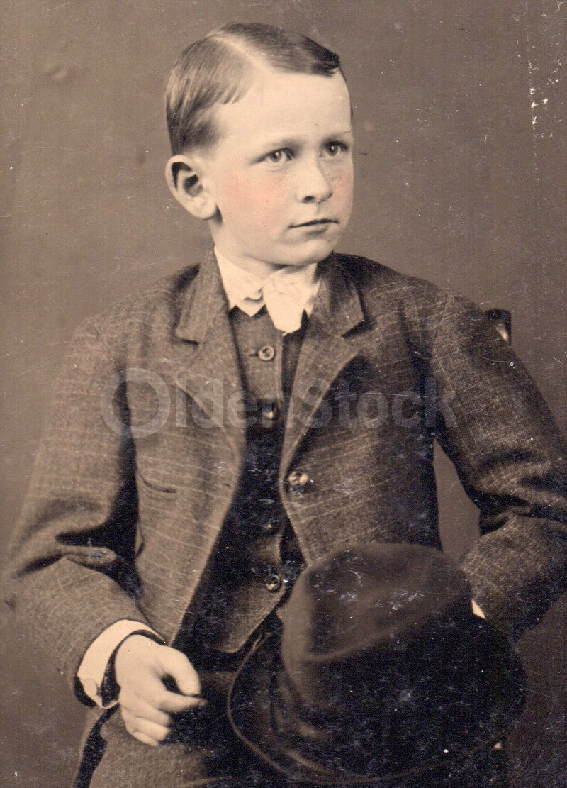 Distinguished Young Boy in Suit and Hat Crisp Antique Tintype Photo