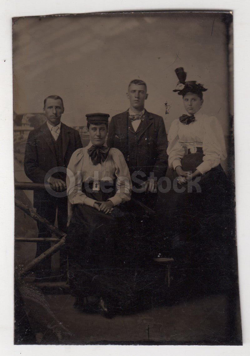 Homely Young Couples in Fine Dresses and Belts Antique Tintype Photo