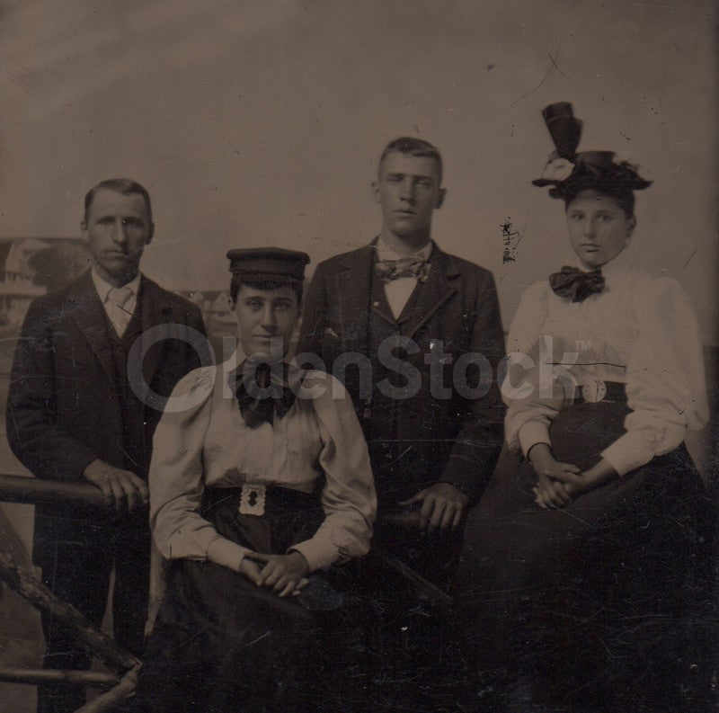 Homely Young Couples in Fine Dresses and Belts Antique Tintype Photo