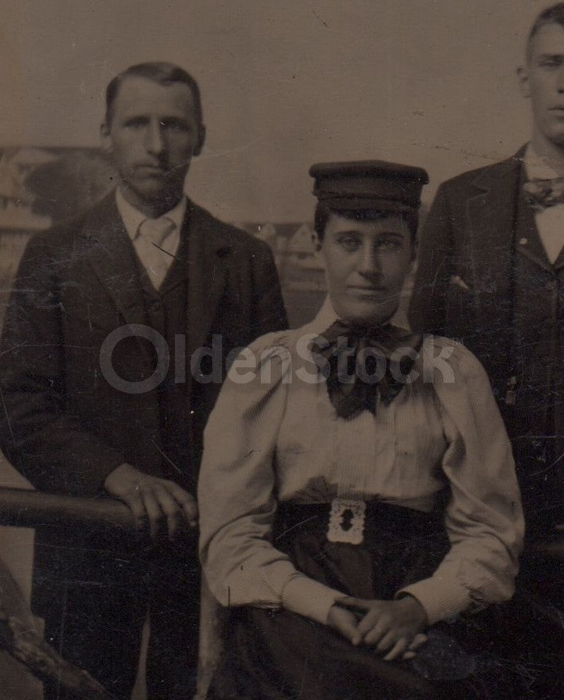 Homely Young Couples in Fine Dresses and Belts Antique Tintype Photo