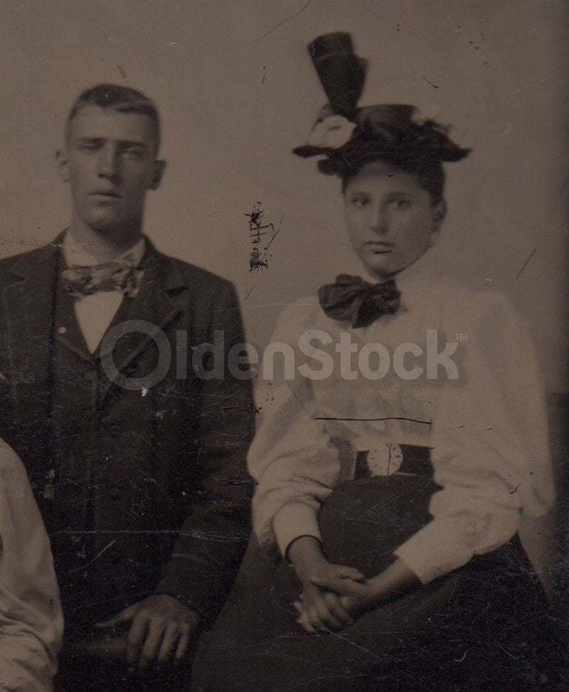 Homely Young Couples in Fine Dresses and Belts Antique Tintype Photo