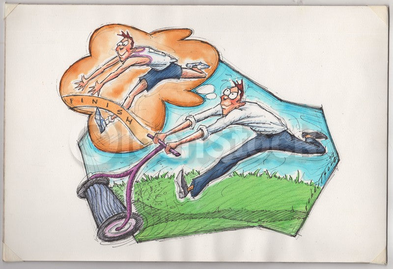Olympic Runner Lawn Mowing Dad Humor Original Signed Chris Robertson Cartoon Art