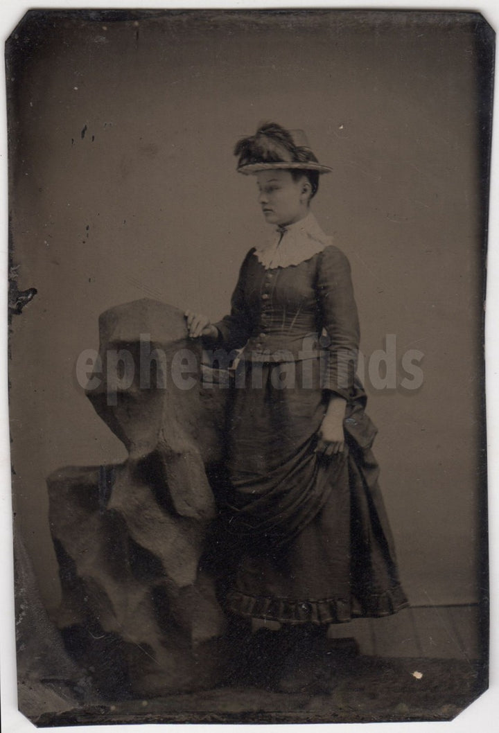Lovely Victorian Woman in Profile Feather Plume Hat Antique Tintype Photo